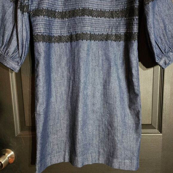 Banana Republic Puff Sleeve Pintuck & Lace Shift Dress in Rinse Preppy Work - Picture 9 of 13